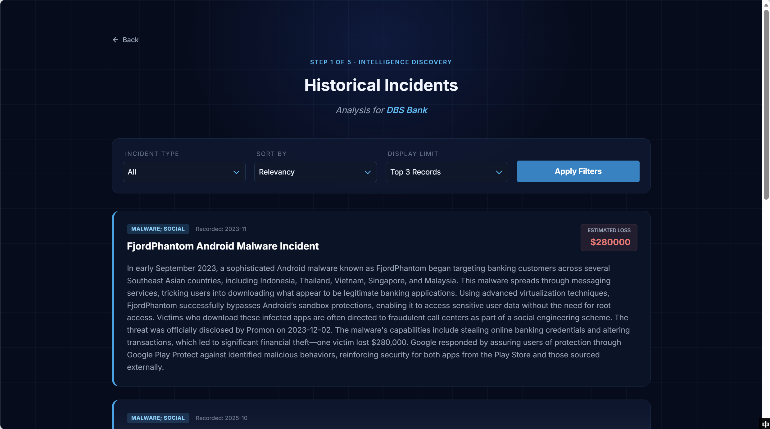 Step 1 'Historical Incidents' analysis for DBS Bank. Filter bar with Incident Type, Sort By (Relevancy), Display Limit (Top 3 Records), and Apply Filters button. Below, a Malware/Social incident card titled 'FjordPhantom Android Malware Incident' (Recorded 2023-11) with an estimated loss of $280,000 and a multi-paragraph description of how the malware spread across Southeast Asian banks and bypassed Android sandbox protections.