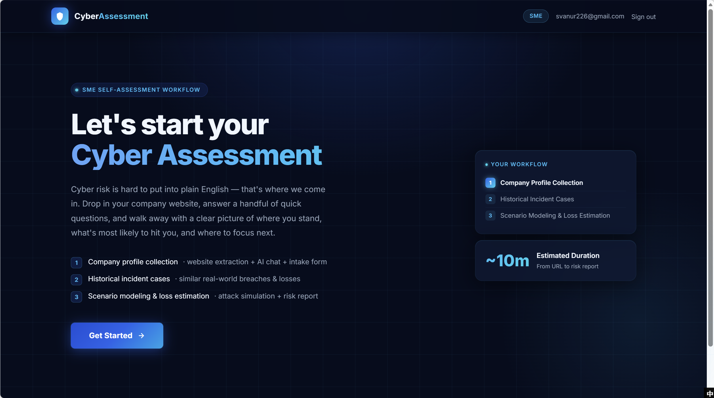 CyberAssessment landing page — 'Let's start your Cyber Assessment' headline, a three-step Your Workflow panel (1. Company Profile Collection · 2. Historical Incident Cases · 3. Scenario Modeling & Loss Estimation), an Estimated Duration ~10m From URL to risk report tile, and a Get Started CTA.