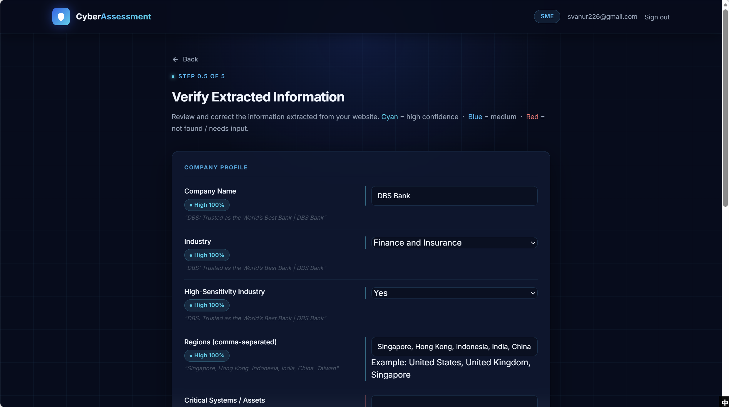 Step 0.5 'Verify Extracted Information' page showing the company profile auto-extracted from a website. Each field (Company Name, Industry, High-Sensitivity Industry, Regions) carries a confidence badge — Cyan = high confidence, Blue = medium, Red = not found / needs input — with a quoted source snippet under each field for traceability.